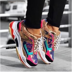 Fashion Nova Multicolor Sequined Glitter Patent Leather Sneakers Size 5